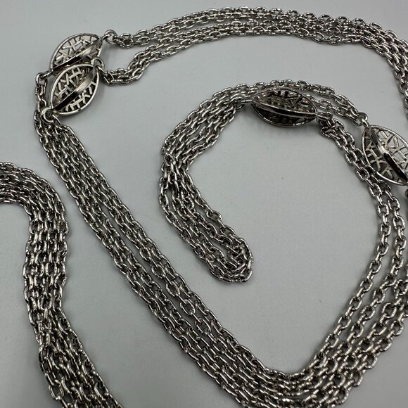 Vintage Monet Necklace Silver Tone Long Double Chain Filigree Station Beads 54" - Picture 5 of 9